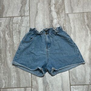 Blue Jean Shorts with Cuffed Hem and Distressed Details